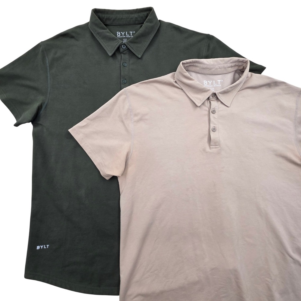 Lot of 2 BYLT Premium Basics Lux Short Sleeve Polo Shirt Mens XL Green Tan *READ
